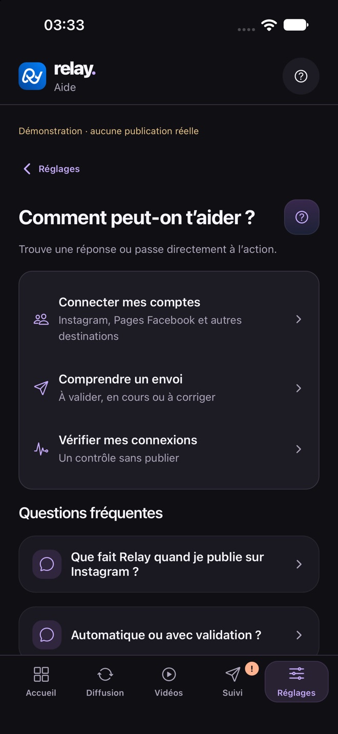 French in-app help centre with quick actions and explanations.