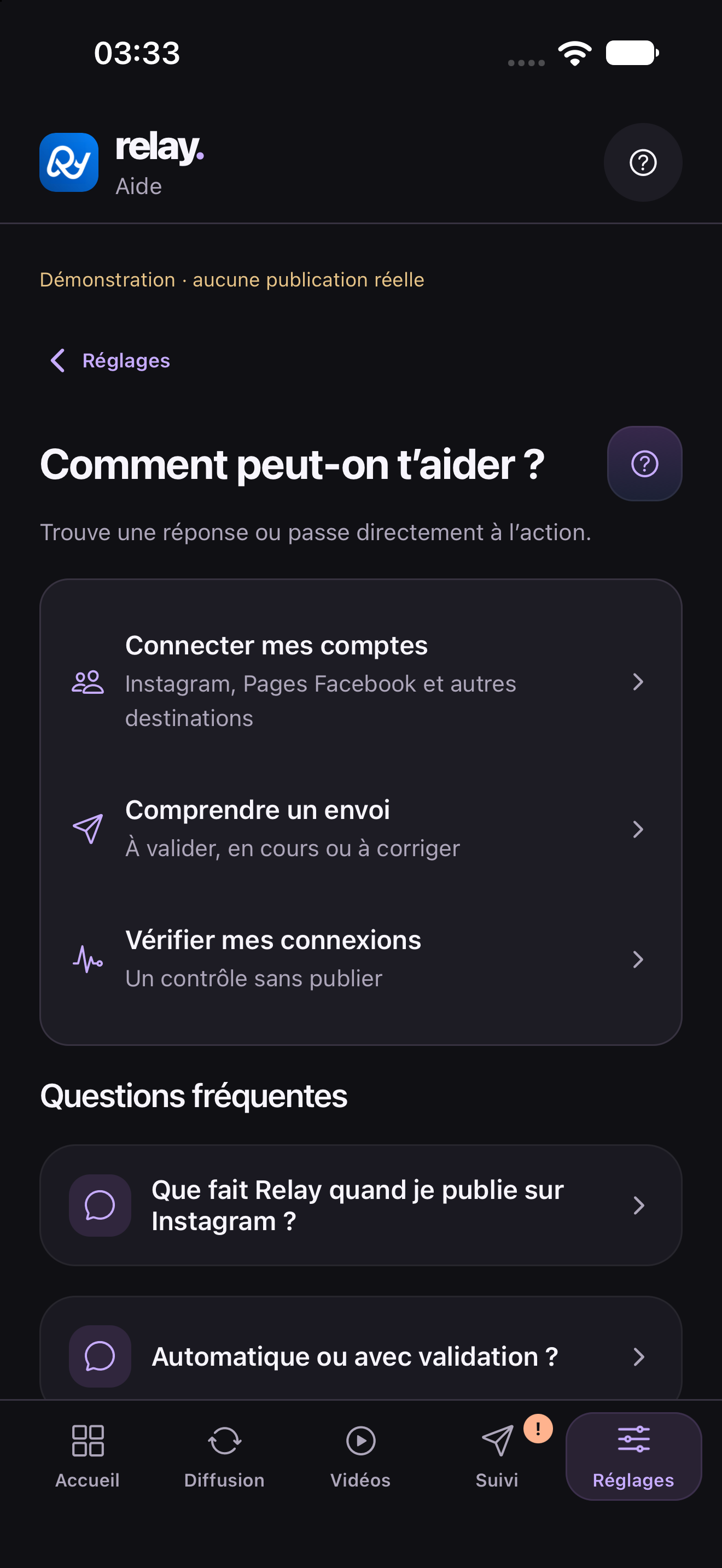 Centre d’aide intégré avec des actions rapides et des explications.